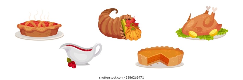 Happy Thanksgiving Objects with Pie, Cranberry Sauce, Roasted Turkey and Horn Vector Set