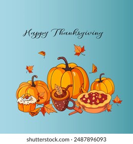 Happy Thanksgiving. October Halloween food. Pumpkin, pie, cupcake, chicken. Orange vector.  Icon, print, blank for the designer