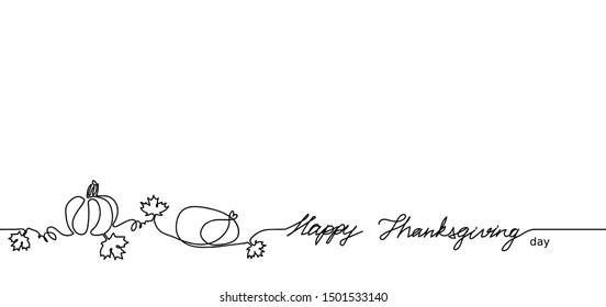 Happy Thanksgiving one single line vector illustration. Pumpkin, maple leaves, turkey. Canada Thanksgiving holiday banner.