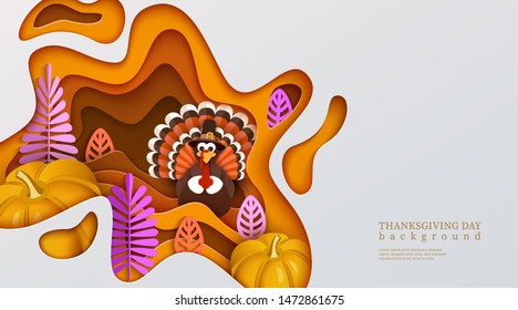 Happy thanksgiving orange multi layered background with traditional turkey, pumpkin, stylized autumn leaves and plants isolated on white background. Harvest decoration vector design EPS10