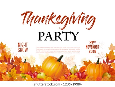 Happy Thanksgiving Party Flyer with colorful leaves and autumn vegetables. Vector.