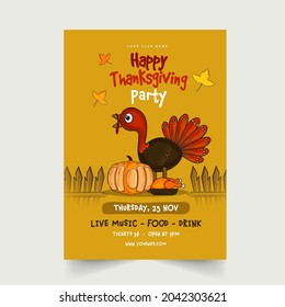 Happy Thanksgiving Party Invitation Card With Cartoon Turkey Bird, Pumpkin, Roast Chicken On Yellow Background.