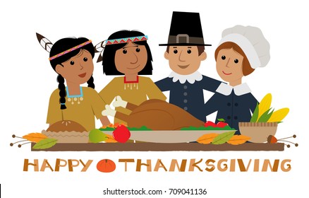 Happy Thanksgiving Pilgrim - Thanksgiving sign with pilgrims and natives standing around a holiday table. Eps10