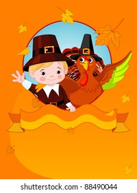 Happy Thanksgiving. Pilgrim and turkey  congratulates.