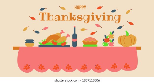 Happy Thanksgiving postcard. Thanksgiving dinner. Turkey, pie, wine, apple, pumpkin