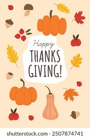 Happy Thanksgiving postcard. Pumpkin, autumn harvest and traditional food. Grid and checkered background.