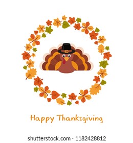 Happy Thanksgiving poster with autumn leaves and turkey.