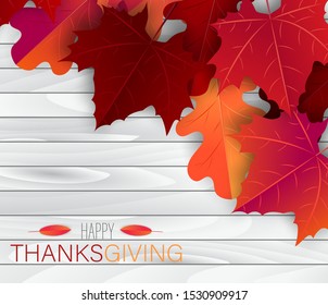 Happy Thanksgiving poster.  Background with red and orange maple fall leaves on wooden board. American traditional november holiday. Banner for sale, advertisement, promotion, invitation.