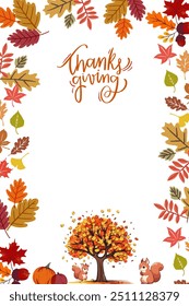 Happy Thanksgiving Poster, Card ,Backgound, Wallpaper for Season, Festival with Pumpkin, leaf, Pine