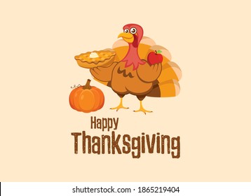 Happy Thanksgiving poster with cheerful turkey bird with pumpkin pie vector. Cute turkey bird with sweet pie vector. Thanksgiving happy turkey with pumpkin and apple cartoon character