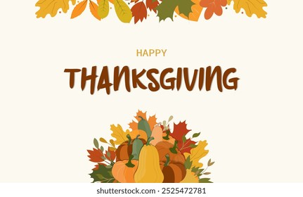 Happy Thanksgiving poster with colorful leaves,pumpkins and greeting text isolated on light background..Vector illustration