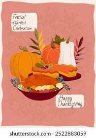 Happy thanksgiving. Poster design, covers, postcards, invitations, leaflets with pumpkins, pumpkin pie, fried turkey.