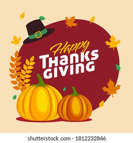 Happy Thanksgiving Poster Design with Pumpkins, Pilgrim Hat and Autumn Leaves Decorated on Red and Beige Background.