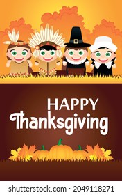 Happy Thanksgiving Poster Flyer For Holiday. Funny Kids In The Costumes Native Americans Indian And Pilgrims. Vector Illustration