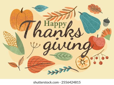 Happy thanksgiving poster. Orange pumpkin, red apple and berries, acorn, corn and leaves. Autumn and fall season. Traditional american holiday and festival 28 november. Flat vector illustration