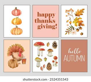 Happy Thanksgiving poster set. Modern autumn wall paintings set. Festive backdrop with fall leaves, pumpkins, turkey, mushrooms and more. Thanksgiving dinner invitation. Decorate your home in fall far