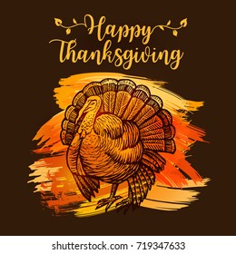 Happy Thanksgiving poster template design with Turkey. Turkey handdrawn background for Thanksgiving holiday design. Vector vintage illustration with yellow splashes