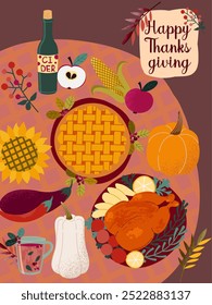 Happy thanksgiving. Poster template, postcards, invitations with a festive table and traditional dishes. Roast turkey, pumpkin pie, cider.