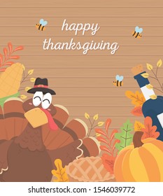 Happy Thanksgiving Poster Turkey Wine Bottle Pumpkin Cake Bees Foliage Wooden Background Vector Illustration