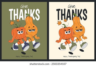 Happy thanksgiving posters with cute pumpkin characters. Autumn greeting card. Vector illustration in retro groovy style. 