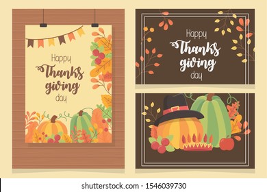 happy thanksgiving posters set dinner fall leaves vector illustration