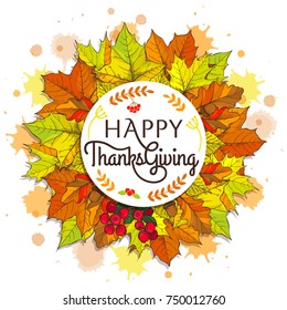 Happy Thanksgiving promo placard with leaves of yellow, orange and green colors that make wreath, icon of branches of berries vector illustration