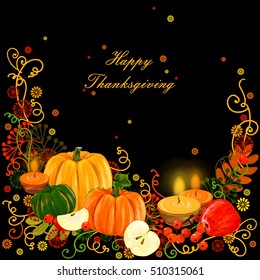 Happy Thanksgiving. pumpkin. greeting card. festival. autumn motifs. vector illustration. harvesting.Rowan. viburnum. apples. Hello, Autumn. wreath of autumn decor elements. forest.