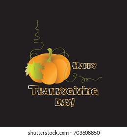 Happy thanksgiving. Pumpkin. Greeting card with decorative pumpkin and lettering on a black background. Vector image.