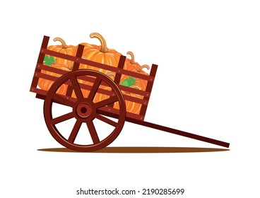 Happy Thanksgiving. Pumpkin harvest in an old wooden wheelbarrow. Vector illustration isolated on white background for poster or flyer.