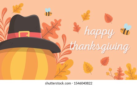happy thanksgiving pumpkin with hat bees leaves celebration vector illustration