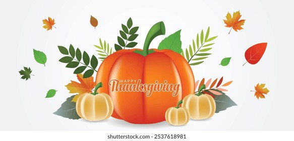 Happy Thanksgiving pumpkin with leaves vector poster