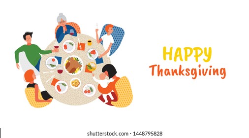 Happy Thanksgiving quote. Thanksgiving or Christmas dinner with extended family. Family celebrating Thanksgiving day with turkey on the table. Flat  cartoon style design vector illustration.