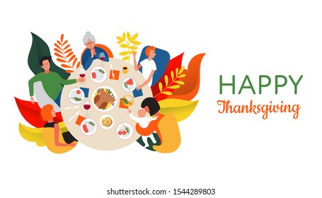 Happy Thanksgiving quote. Thanksgiving or Christmas dinner with extended family. Family celebrating Thanksgiving day with turkey on the table. Flat cartoon style design vector illustration.