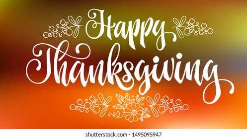 Happy thanksgiving - quote. Thanksgiving dinner theme hand drawn lettering phrase. Vector design illustration. Logo, text design. Pumpkin, leaves, cotton design.  Orange background. 