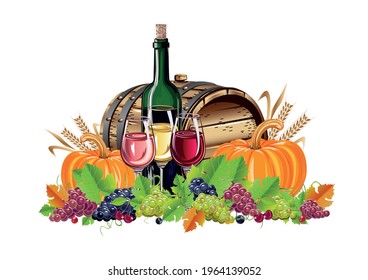 Happy Thanksgiving realistic still life with pumpkin, grapes and autumn harvest. Traditional festival. Vector template for poster, cards, invitations and menus.