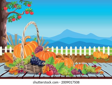 Happy Thanksgiving realistic still life with pumpkin, grapes and autumn harvest. Traditional festival. Vector template for poster, cards, invitations and menus.