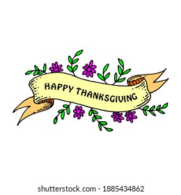 Happy Thanksgiving. Retro greeting card with ribbon and text happy thanksgiving