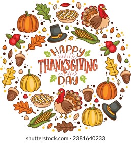 Happy Thanksgiving. Retro greeting card with ribbon and text happy thanksgiving. Happy Thanksgiving Day with vegetables elements. Vector Illustration.