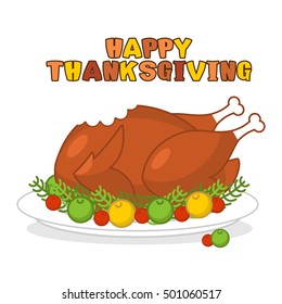 Happy Thanksgiving. Roasted turkey. fowl on plate. Baked wildfowl with apples and cranberries. Traditional festive food. Symbol Historic national holiday
