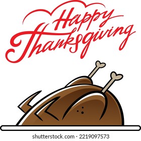 Happy Thanksgiving - Roasted Turkey On A Platter. Festive Food, Holiday Meal. Isolated, White Background.