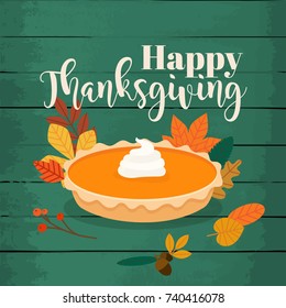 Happy Thanksgiving. Round bright orange homemade pumpkin pie in baking dish. Flat design modern vector business concept.