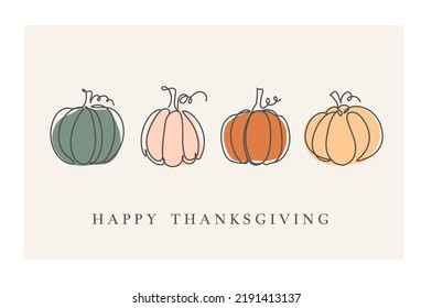 Happy Thanksgiving rustic greeting card with one line art pumpkin icon. Minimalist fall holiday background vector illustration. Continuous line autumn design for invitation, greeting card, banner