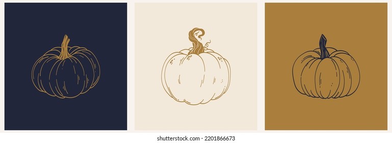 Happy Thanksgiving Rustic Postcard With One Line Pumpkin Icon. Minimalist Autumn Holiday Vector Illustration. Autumn Design For Invitation, Greeting Card, Banner