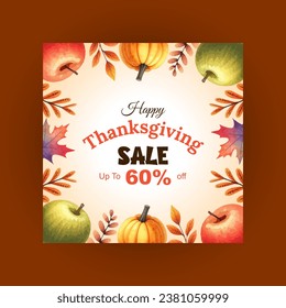 Happy Thanksgiving Sale Background Template with beautiful watercolor leaves