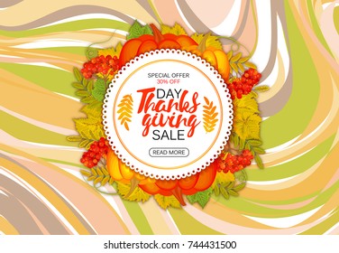 Happy Thanksgiving sale round banner, sticker, tag or label decorated with maple leaves and pumpkin. Vector. marble background. Autumn colors, 