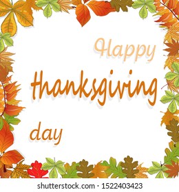 Happy Thanksgiving script with pumpkins and leaves vector illustration on white background.