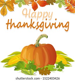 Happy Thanksgiving script with pumpkins and leaves vector illustration on white background.