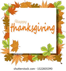 Happy Thanksgiving script with pumpkins and leaves vector illustration on white background.