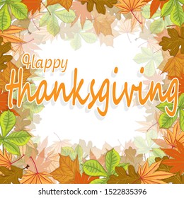 Happy Thanksgiving script with pumpkins and leaves vector illustration on white background.