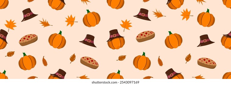 Happy Thanksgiving, seamless banner with yellowed leaves, pumpkin and traditional turkey hat.